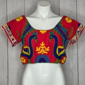 Handmade Embroidered Folk Blouse Red Peacock Boho Festival Crop Top, sz Small